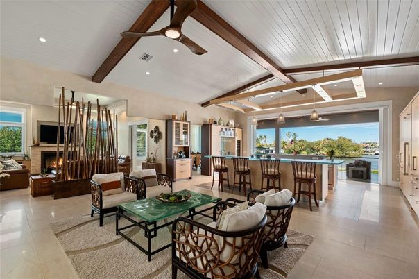 Fireplace, Interior, Living room, Pendant Lights, Recessed Lighting, Wooden Beams