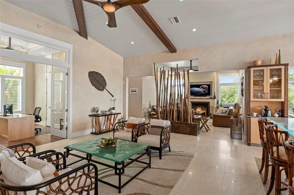 Fireplace, Interior, Living room, Recessed Lighting, Wooden Beams