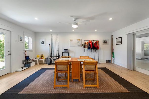 Dining room, Interior, Recessed Lighting, Wood Texture Flooring