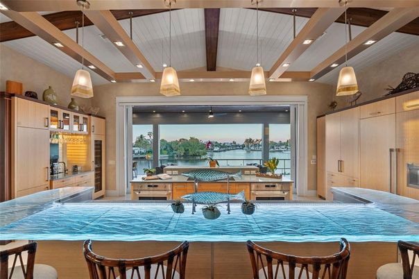 Interior, Kitchen, Pendant Lights, Recessed Lighting, Stainless Steel Appliances, Water, Wooden Beams, Wood Texture Flooring