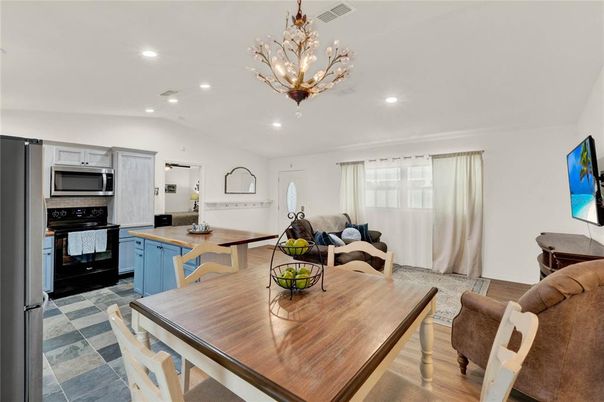 Chandelier, Dining room, Interior, Kitchen, Living room, Recessed Lighting, Stainless Steel Appliances