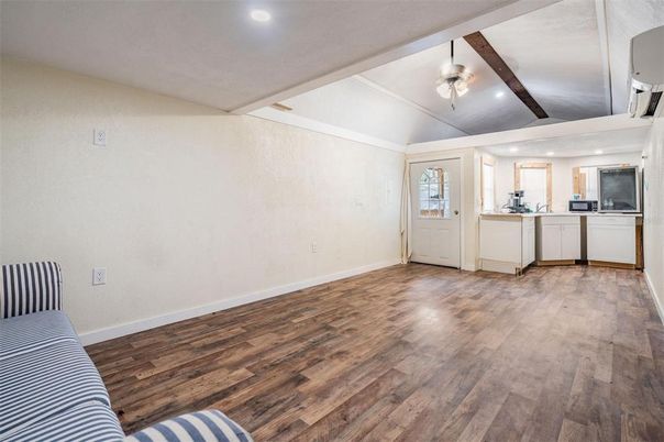 Empty room, Interior, Kitchen, Recessed Lighting, Wood Texture Flooring