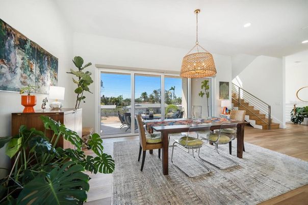 Dining room, Interior, Pendant Lights, Recessed Lighting, Wood Texture Flooring