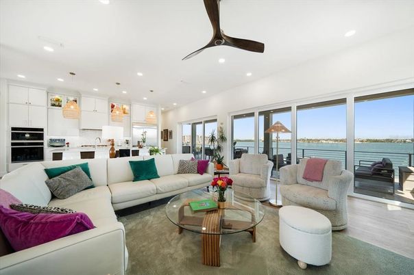 Interior, Kitchen, Living room, Pendant Lights, Recessed Lighting, Stainless Steel Appliances, Water, Wood Texture Flooring