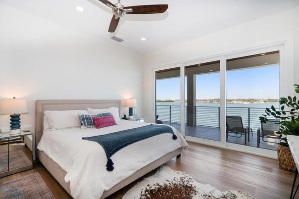 Bedroom, Interior, Recessed Lighting, Water, Wood Texture Flooring