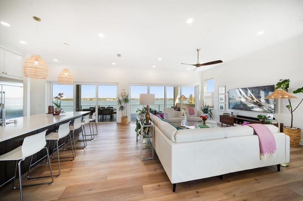 Interior, Kitchen, Living room, Pendant Lights, Recessed Lighting, Stainless Steel Appliances, Wood Texture Flooring