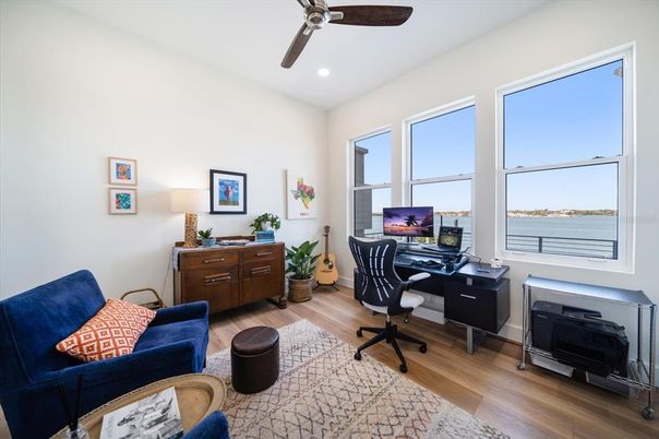 Home Office, Interior, Recessed Lighting, Water, Wood Texture Flooring