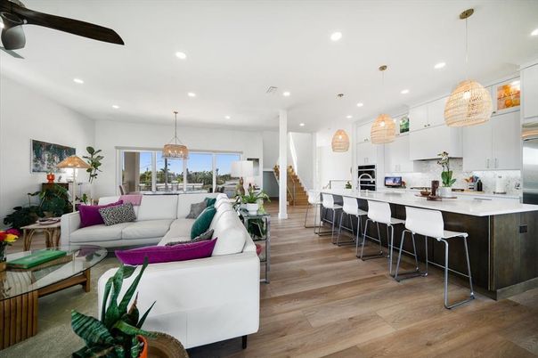 Dining room, Interior, Kitchen, Living room, Pendant Lights, Recessed Lighting, Stainless Steel Appliances, Wood Texture Flooring