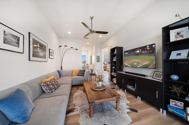 Interior, Living room, Recessed Lighting, Wood Texture Flooring