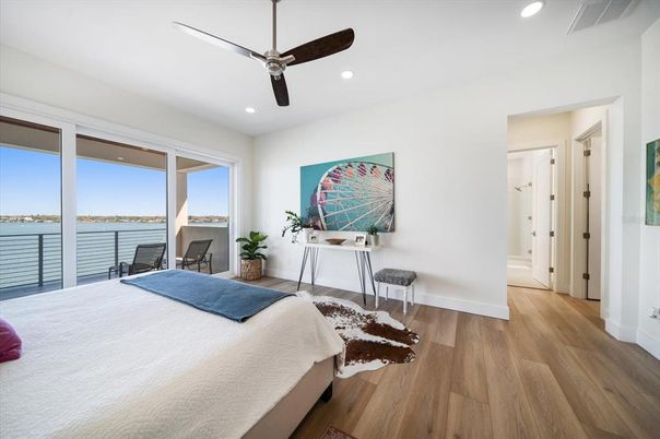Bedroom, Interior, Recessed Lighting, Water, Wood Texture Flooring