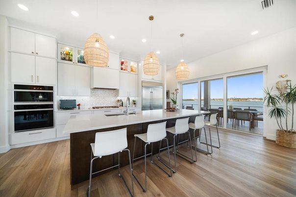Interior, Kitchen, Pendant Lights, Recessed Lighting, Stainless Steel Appliances, Water, Wood Texture Flooring