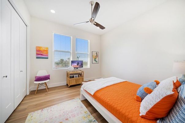 Bedroom, Interior, Recessed Lighting, Wood Texture Flooring