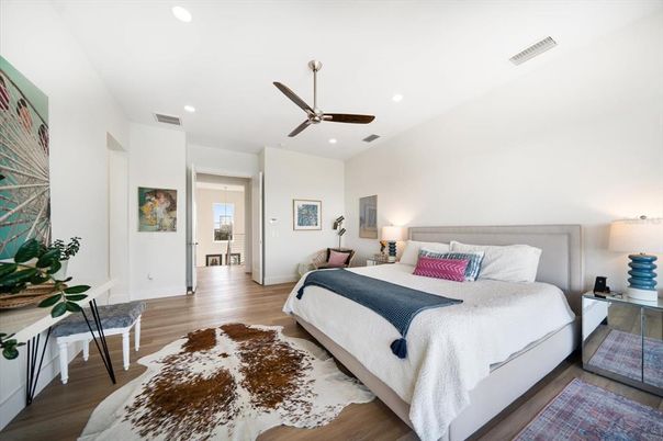 Bedroom, Interior, Recessed Lighting, Wood Texture Flooring