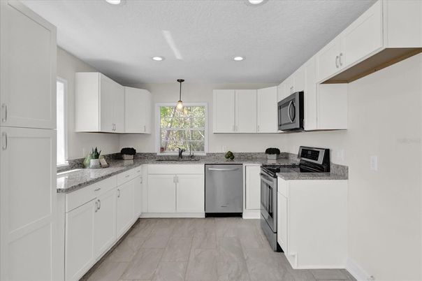 Interior, Kitchen, Marble, Pendant Lights, Recessed Lighting, Stainless Steel Appliances