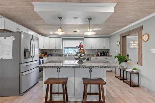 Interior, Kitchen, Pendant Lights, Stainless Steel Appliances, Wooden Ceilings, Wood Texture Flooring