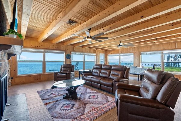 Fireplace, Interior, Living room, Water, Wooden Beams, Wooden Ceilings, Wood Texture Flooring, Wooden Walls