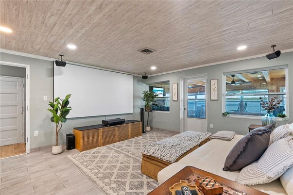 Bedroom, Interior, Projection Screen, Recessed Lighting, Water, Wooden Ceilings, Wood Texture Flooring