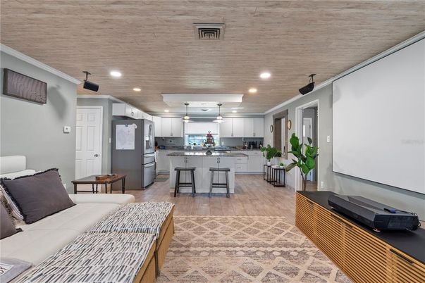 Interior, Kitchen, Living room, Pendant Lights, Recessed Lighting, Wood Texture Flooring