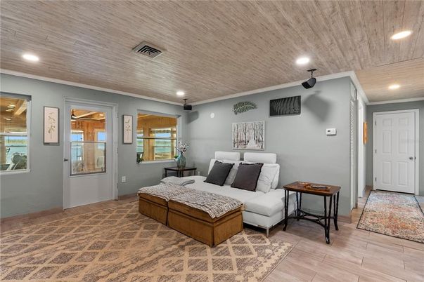 Bedroom, Interior, Recessed Lighting, Wooden Ceilings, Wood Texture Flooring
