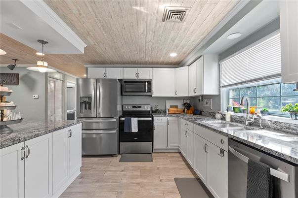 Interior, Kitchen, Pendant Lights, Recessed Lighting, Stainless Steel Appliances, Wooden Ceilings, Wood Texture Flooring