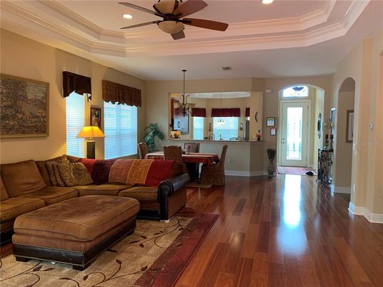 Dining room, Interior, Living room, Pendant Lights, Recessed Lighting, Wood Texture Flooring