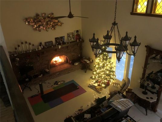 Chandelier, Fireplace, Interior