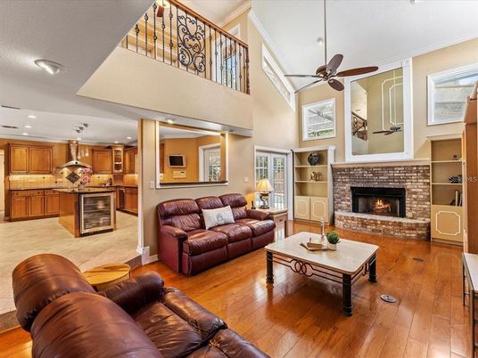 Fireplace, Interior, Kitchen, Living room, Recessed Lighting, Wood Texture Flooring