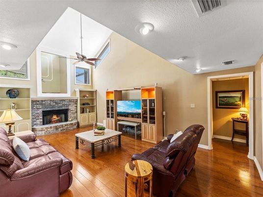 Fireplace, Interior, Living room, Recessed Lighting, Wood Texture Flooring