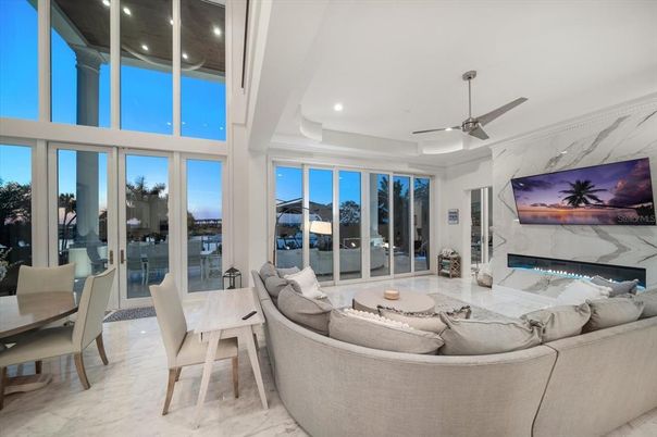 Dining room, Fireplace, Interior, Living room, Marble, Recessed Lighting