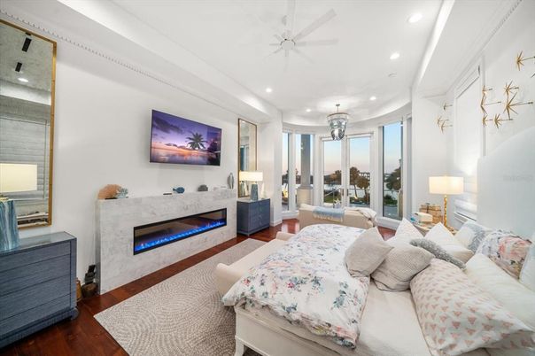 Bedroom, Fireplace, Interior, Recessed Lighting, Wood Texture Flooring