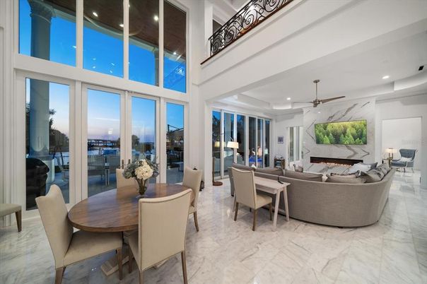 Dining room, Fireplace, Interior, Living room, Marble, Marble Walls, Recessed Lighting
