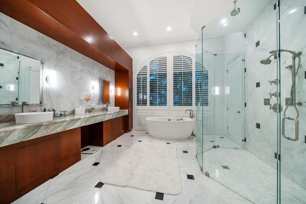 Bathroom, Dual Sink Vanities, Free Standing Baths, Glass Shower, Interior, Marble, Marble Walls, Recessed Lighting