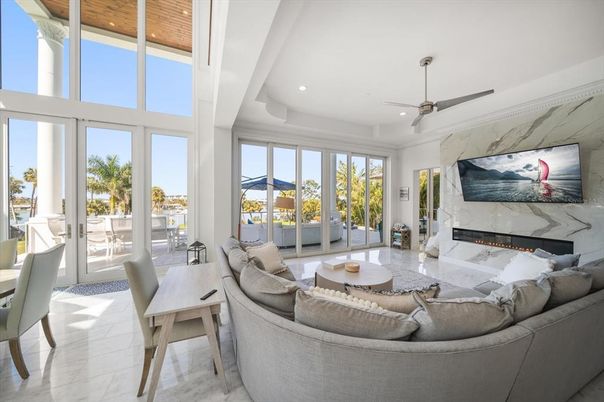 Fireplace, Interior, Living room, Marble, Marble Walls, Recessed Lighting, Wooden Ceilings