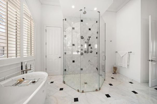 Bathroom, Glass Shower, Interior, Marble Walls, Recessed Lighting