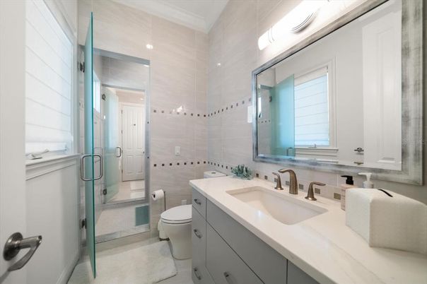 Bathroom, Dual Sink Vanities, Glass Shower, Interior, Recessed Lighting