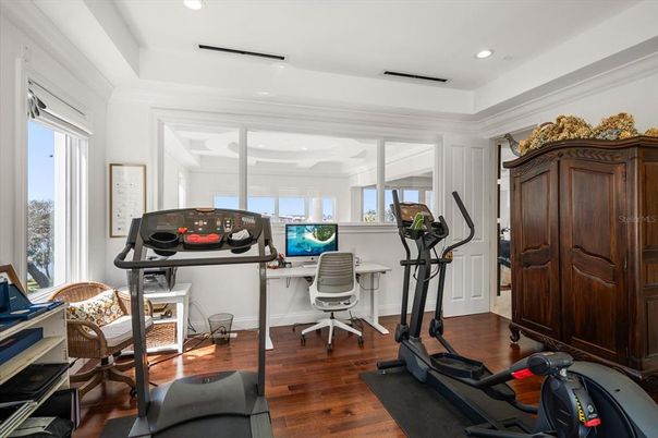 Fitness Equipment, Home Office, Interior, Recessed Lighting, Wood Texture Flooring