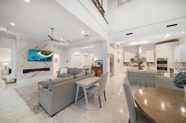 Fireplace, Interior, Kitchen, Living room, Marble, Marble Walls, Recessed Lighting