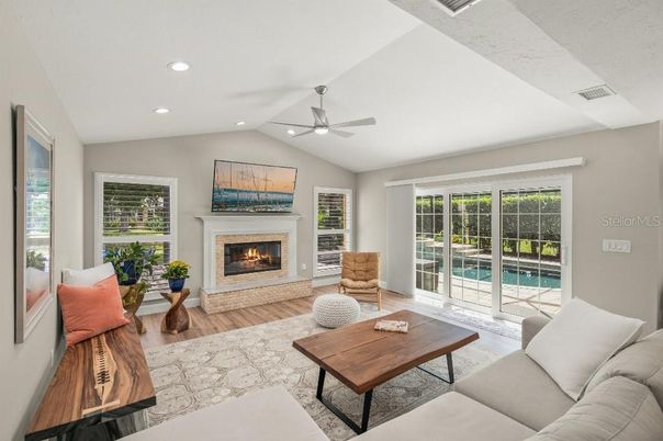 Fireplace, Interior, Living room, Recessed Lighting, Wood Texture Flooring