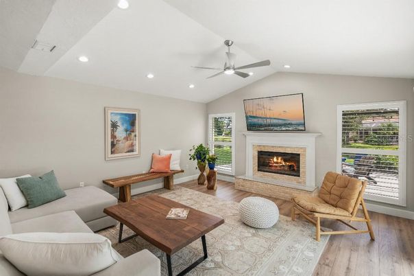 Fireplace, Interior, Living room, Recessed Lighting, Wood Texture Flooring