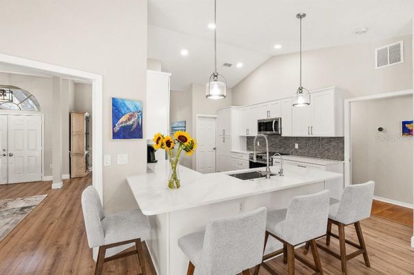 Interior, Kitchen, Pendant Lights, Recessed Lighting, Stainless Steel Appliances, Wood Texture Flooring