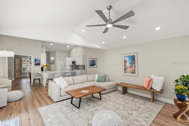 Dining room, Interior, Kitchen, Living room, Pendant Lights, Recessed Lighting, Stainless Steel Appliances, Wood Texture Flooring