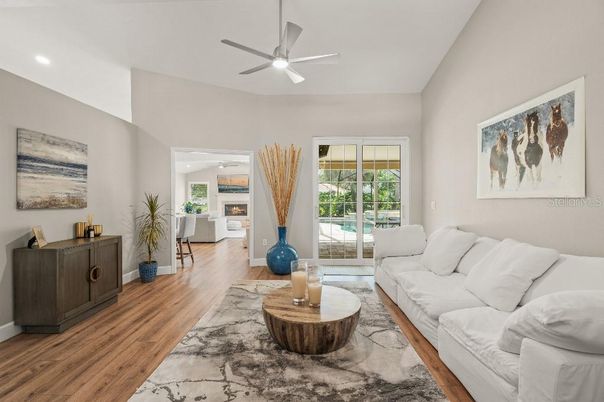 Fireplace, Interior, Living room, Recessed Lighting, Wood Texture Flooring