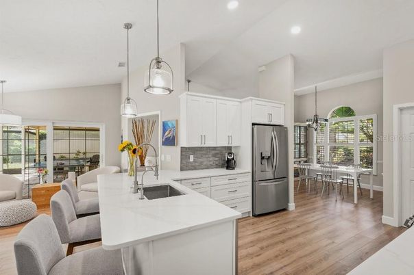 Dining room, Interior, Kitchen, Living room, Pendant Lights, Recessed Lighting, Wood Texture Flooring