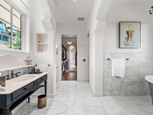Bathroom, Interior, Marble, Pendant Lights, Recessed Lighting, Wood Texture Flooring