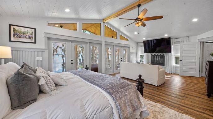Bedroom, Fireplace, Interior, Recessed Lighting, Wood Texture Flooring