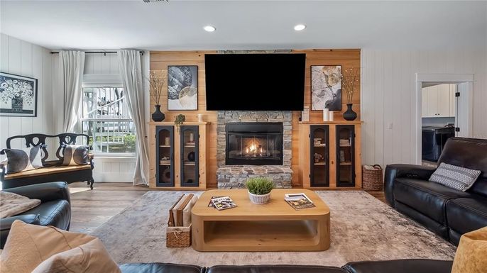 Fireplace, Interior, Living room, Recessed Lighting, Wood Texture Flooring