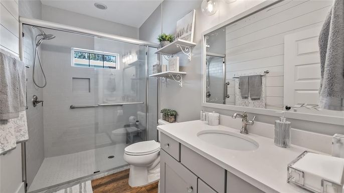 Bathroom, Glass Shower, Interior, Wood Texture Flooring