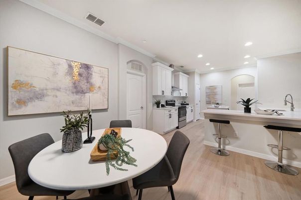 Dining room, Interior, Kitchen, Recessed Lighting, Stainless Steel Appliances, Wood Texture Flooring