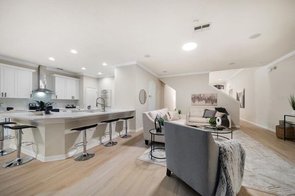 Interior, Kitchen, Living room, Recessed Lighting, Wood Texture Flooring