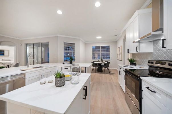 Dining room, Interior, Kitchen, Recessed Lighting, Stainless Steel Appliances, Wood Texture Flooring